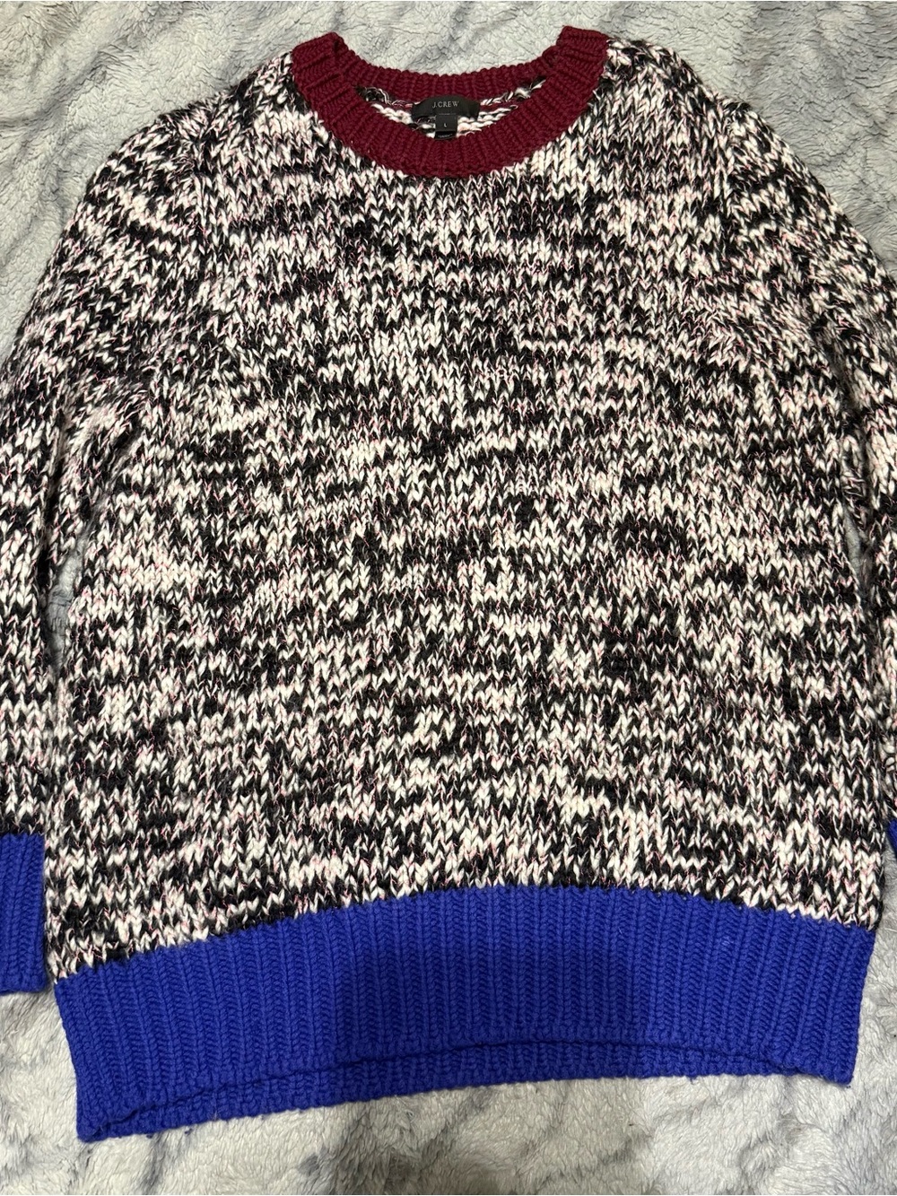 J. Crew Marled Black & White Crewneck Sweater with Burgundy Trim and Blue Hem